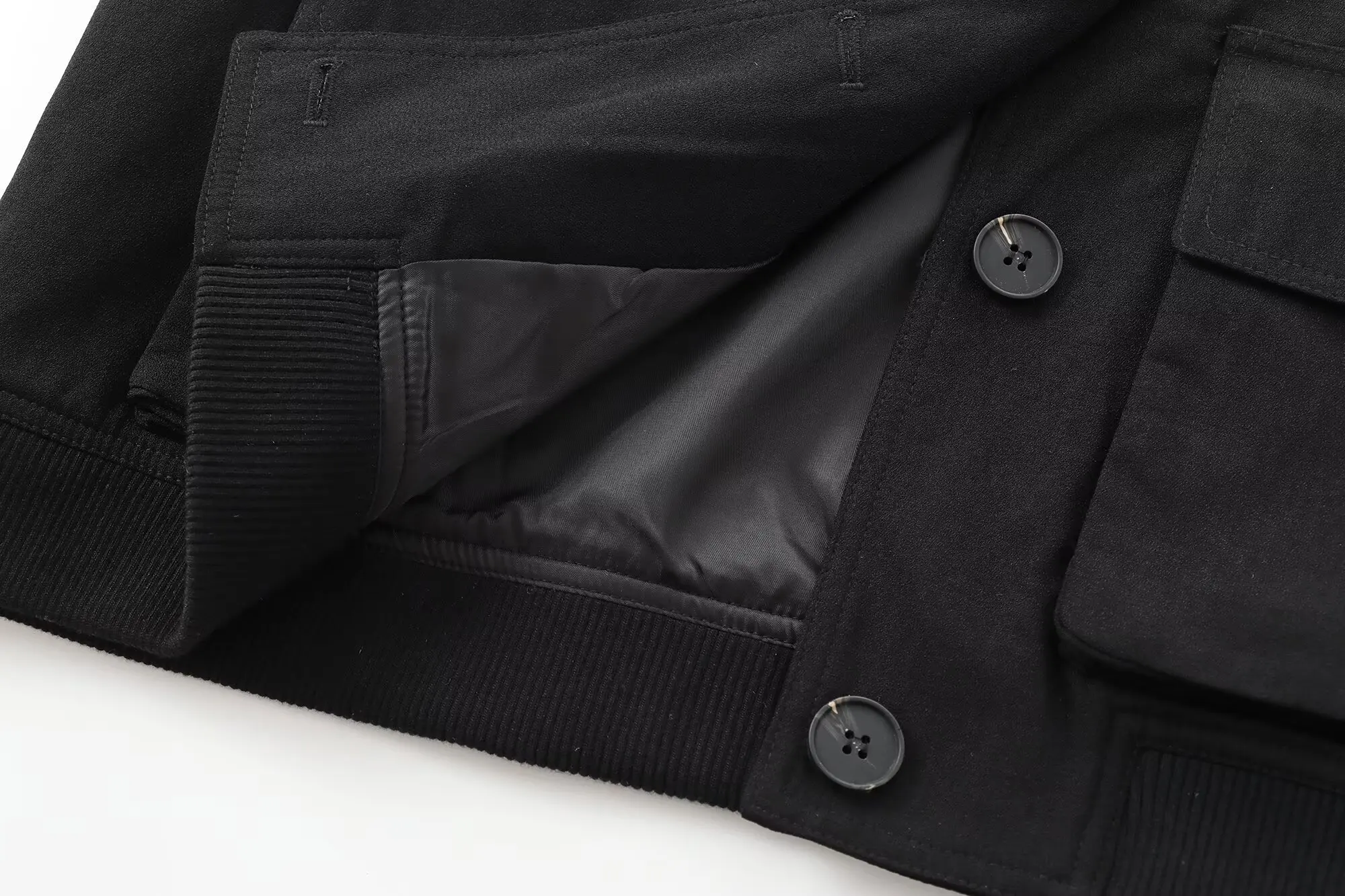 Maxdutti Autumn Women's Clothing Minimalist Black Bomber Jacket Retro Large Pocket Round Neck Suit Jacket Women