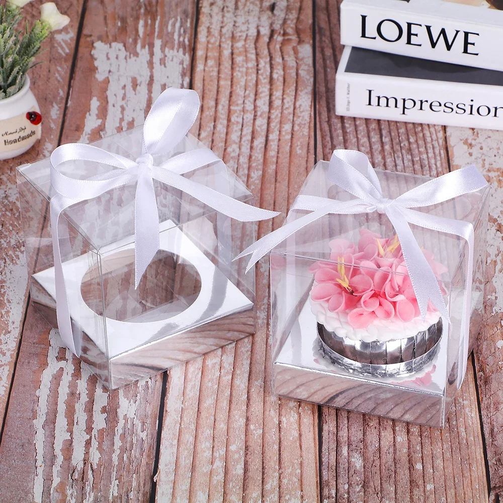 

48x Clear Plastic Cupcake Packaging Box Cake Favors Box Container Wedding Party Cupcake Boxes Gift Boxes Supplies with Ribbon