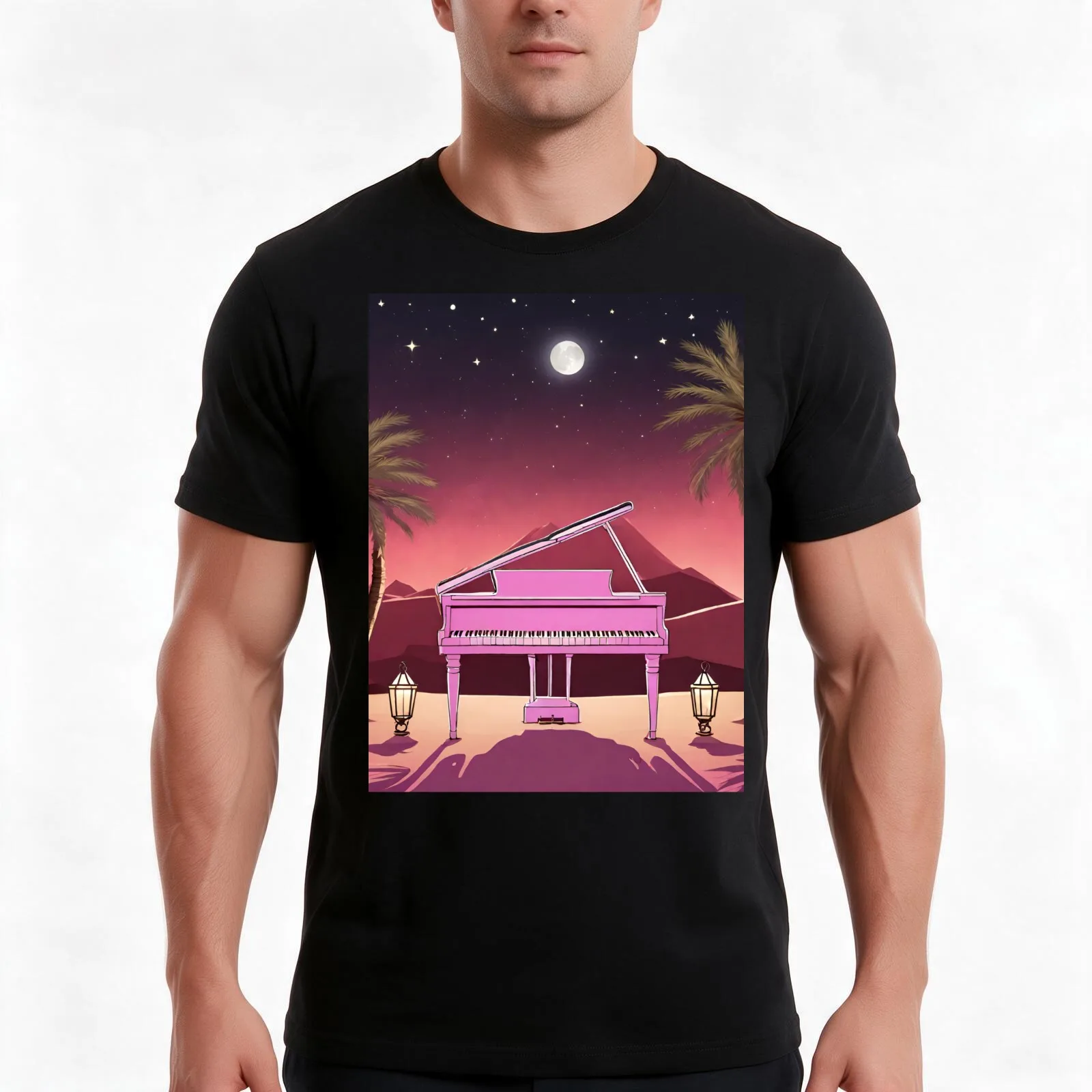 Piano in the Egyptian desert with Pyramids jungles lanterns ancient Rome T-Shirt Summer Casual Cotton Tee Unisex Men Women