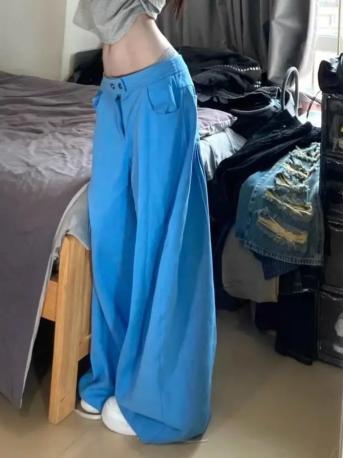 American Retro Lazy Style Blue Casual Pants Women Summer New Loose All-Match Wide Leg Floor-Length Pants High Waist Button De...