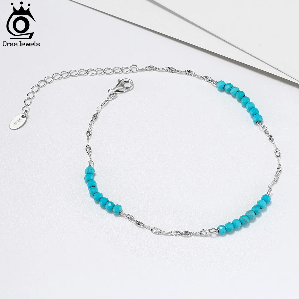 ORSA JEWELS Fashion 3mm Turquoise Gemstone Beads 925 Sterling Silver Butterfly Chain Anklet for Women Summer Beach Jewelry SA85