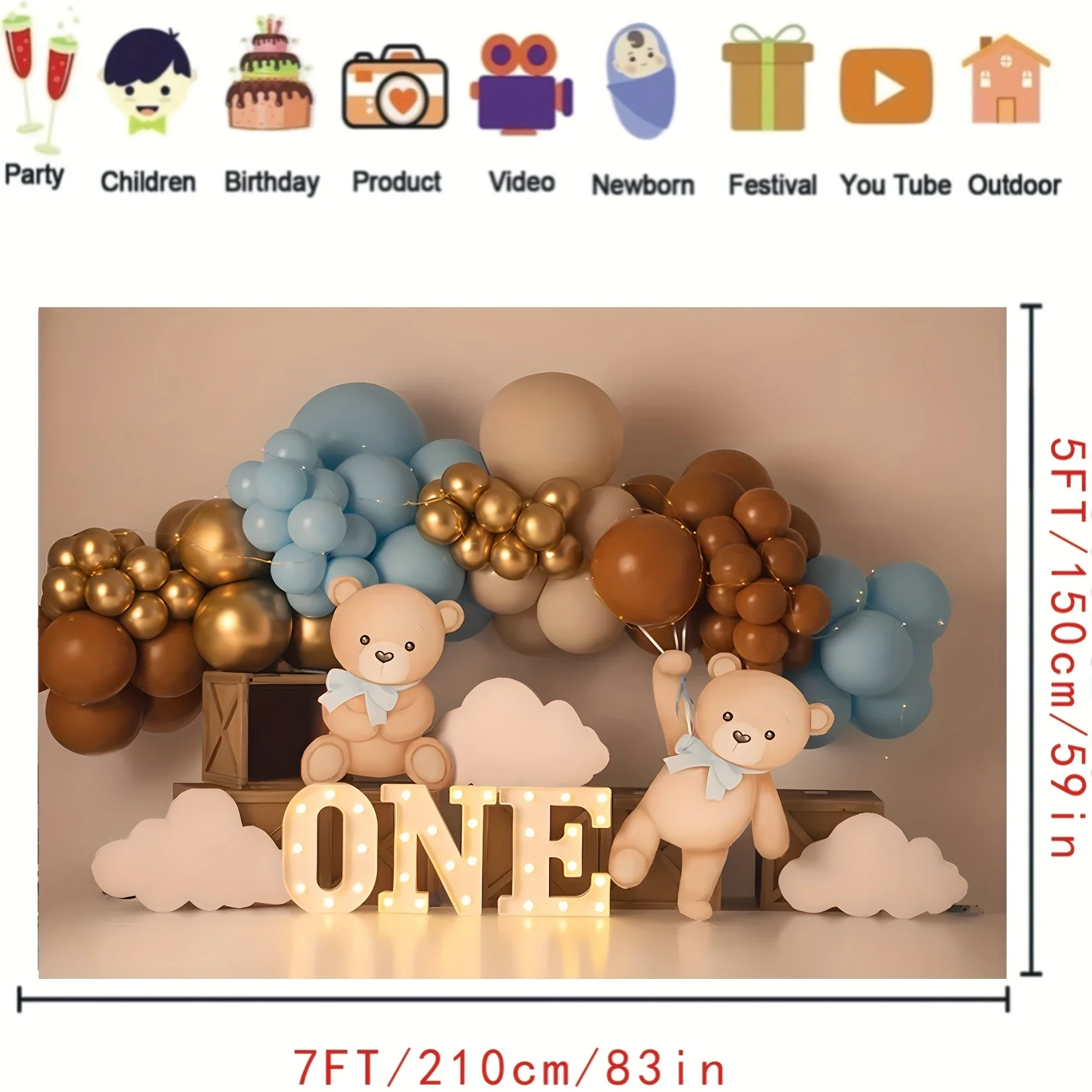 Teddy Bear and Golden Balloon themed party background for 1st birthday celebration - Photography background banner with clouds - view 5