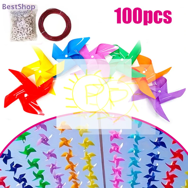 

♥100Pcs Mini Rainbow Pinwheels Garland Kit , Party Garden Wedding Outdoor Hanging Decor Supplies