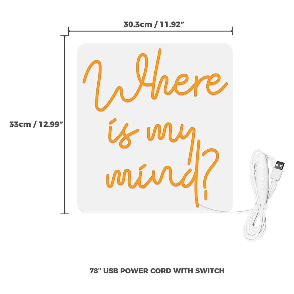 Where Is My Mind Neon Sign for Wall Decor, USB Powered LED Neon Light Sign, Neon Light up Letters for Bedroom, Dorm Room, Office