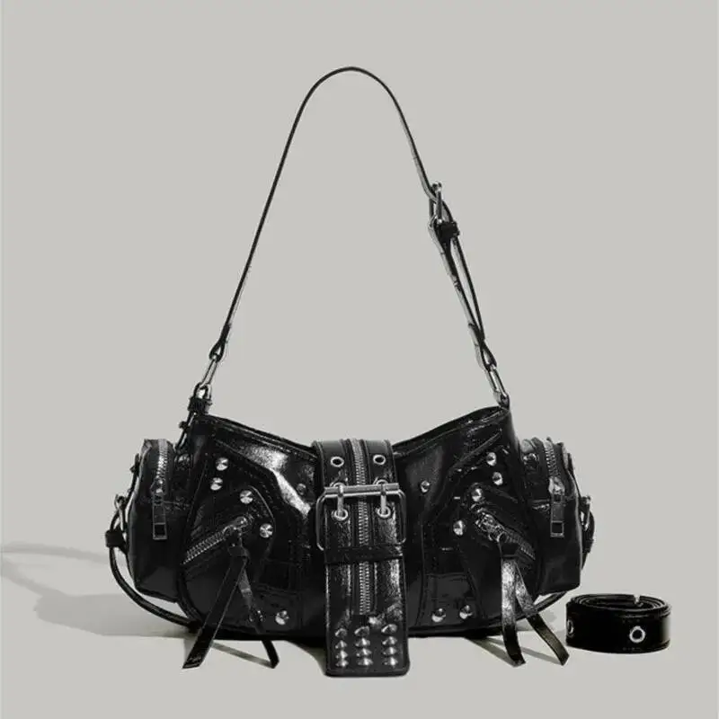

Bloom Moto Biker Black Shoulder Wallet Women Sweet Cool Leather Y2k Handbag Ladies High Street Casual Crossbody Bags 2025