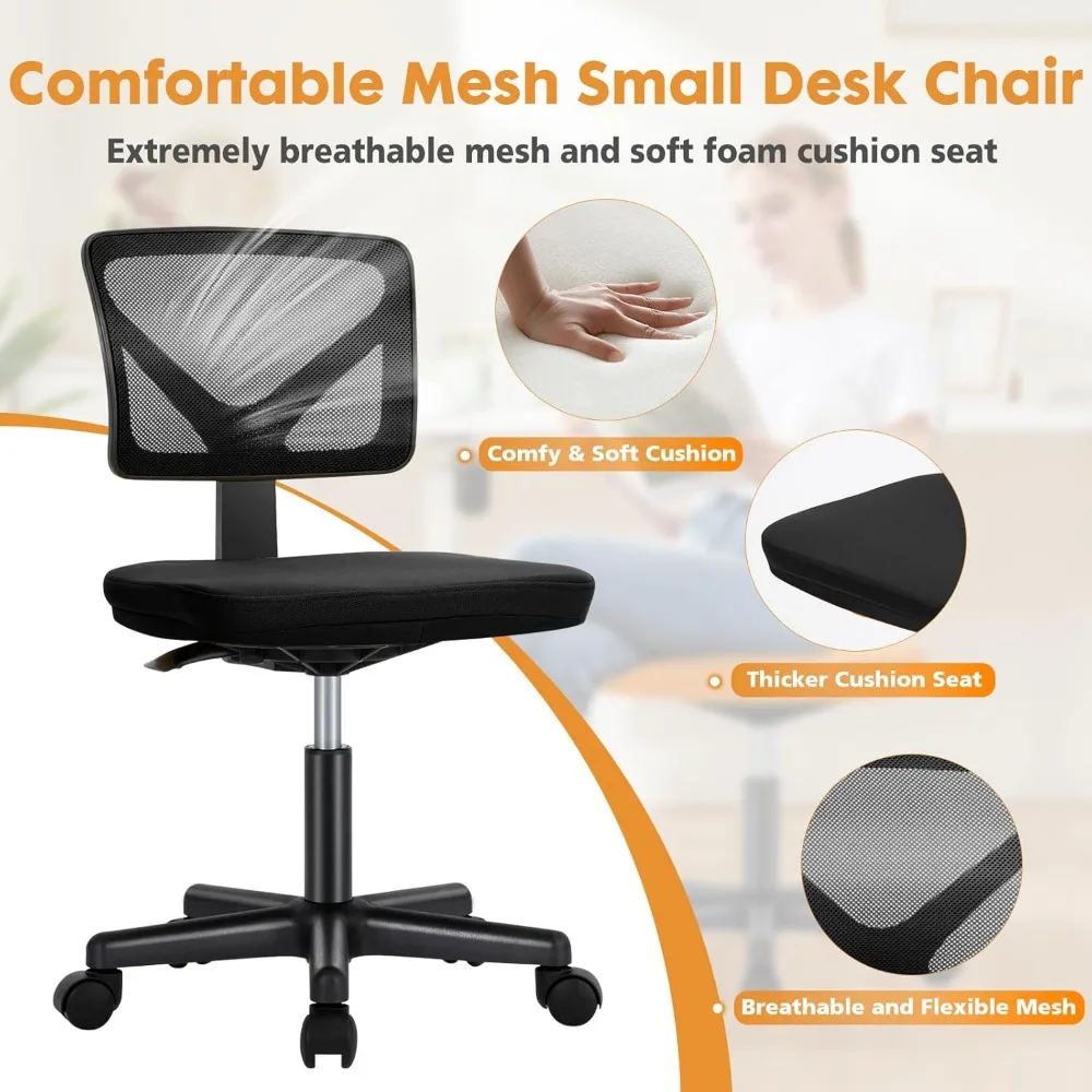 Armless Desk Chair - Small Home Office Chair with Wheels, Mesh Low Back Task Chair with Lumbar Support and Wheels