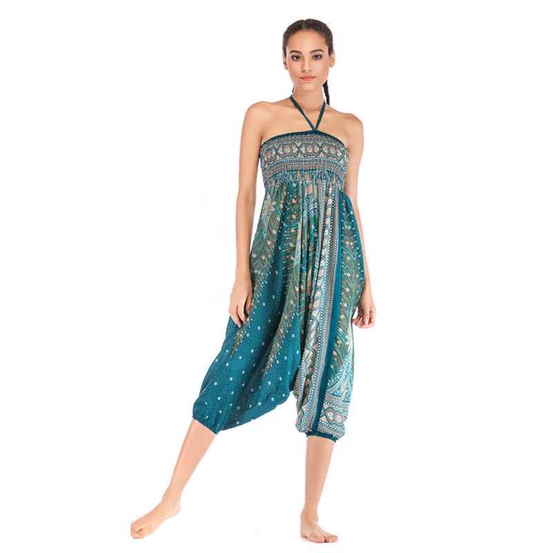 Women Fashion Casual Printed Loose Pants Bohemian Beach Holiday Bloomers Pocket Sunscreen Loose Pants Thai Yoga Sports  Pant