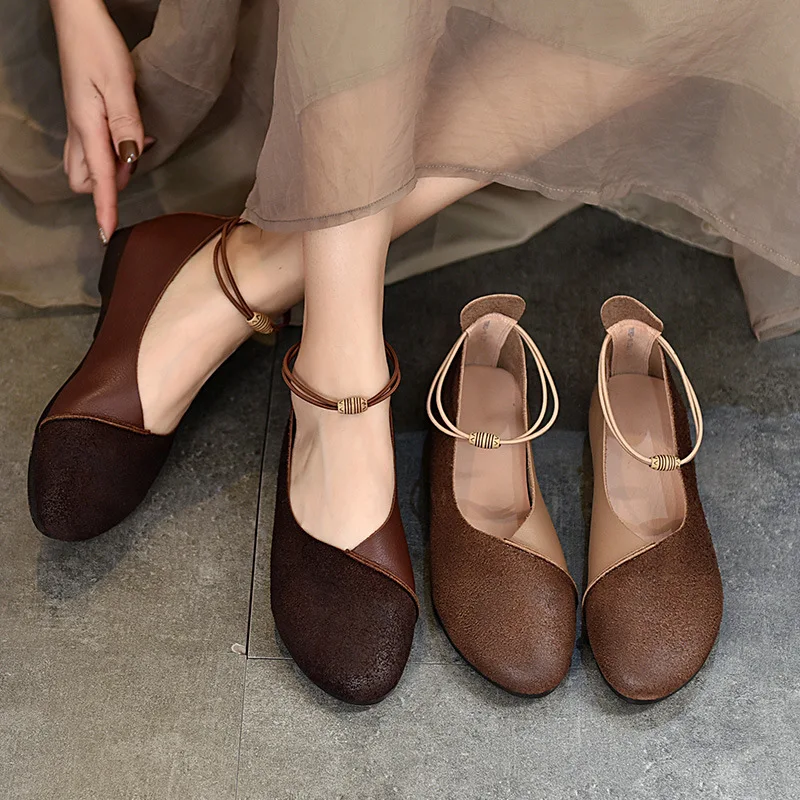 

Women Leather Shoes Flat 2023 Spring Genuine Leather Mary Janes Lolita Shoes Baleriny Ladies Shoes Retro Handmade