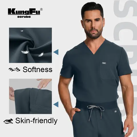 KUNGFU SCRUBS Men's V-neck Scrubs Nurse/Doctor Uniform Set Antibacterial Waterproof Top and Pants Soft Breathable Work Clothes