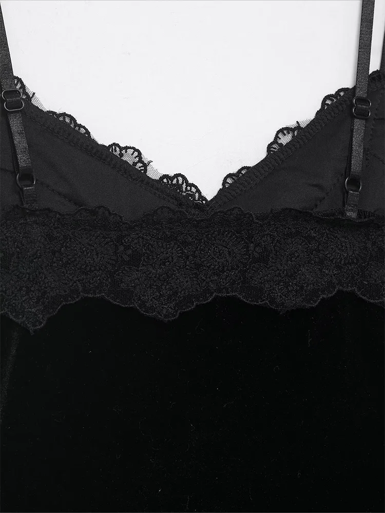 HH Frau Mode Französisch V-ausschnitt Schwarz Spitze Splice Dekoration Samt Sling Backless Sling Freizeit Ärmellose Sommer Kurze Tops