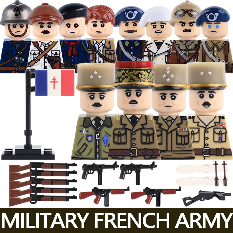 Militärische französische Soldaten- und Offiziers-Bausteine, Armee-Infanterie-Führer, historische Krieger-Zubehörteile, Helm, Gewehr, Flagge, Bausteine, Spielzeug – Detail 1