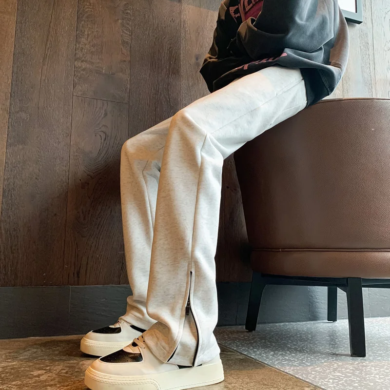 Spring Autumn Men's Heavyweight American Style Zipper Leg Slim Fit Straight Casual Pants