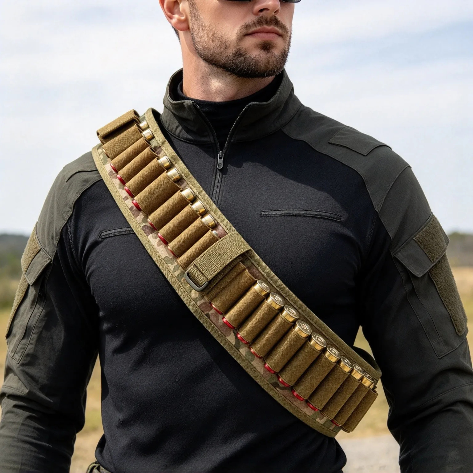 Tactical 30 Rounds Shell Belt Shotshell Bandolier 12 Gauge Ammo Belt Adjustable Quick Release Buckle for Hunting Shooting Sport