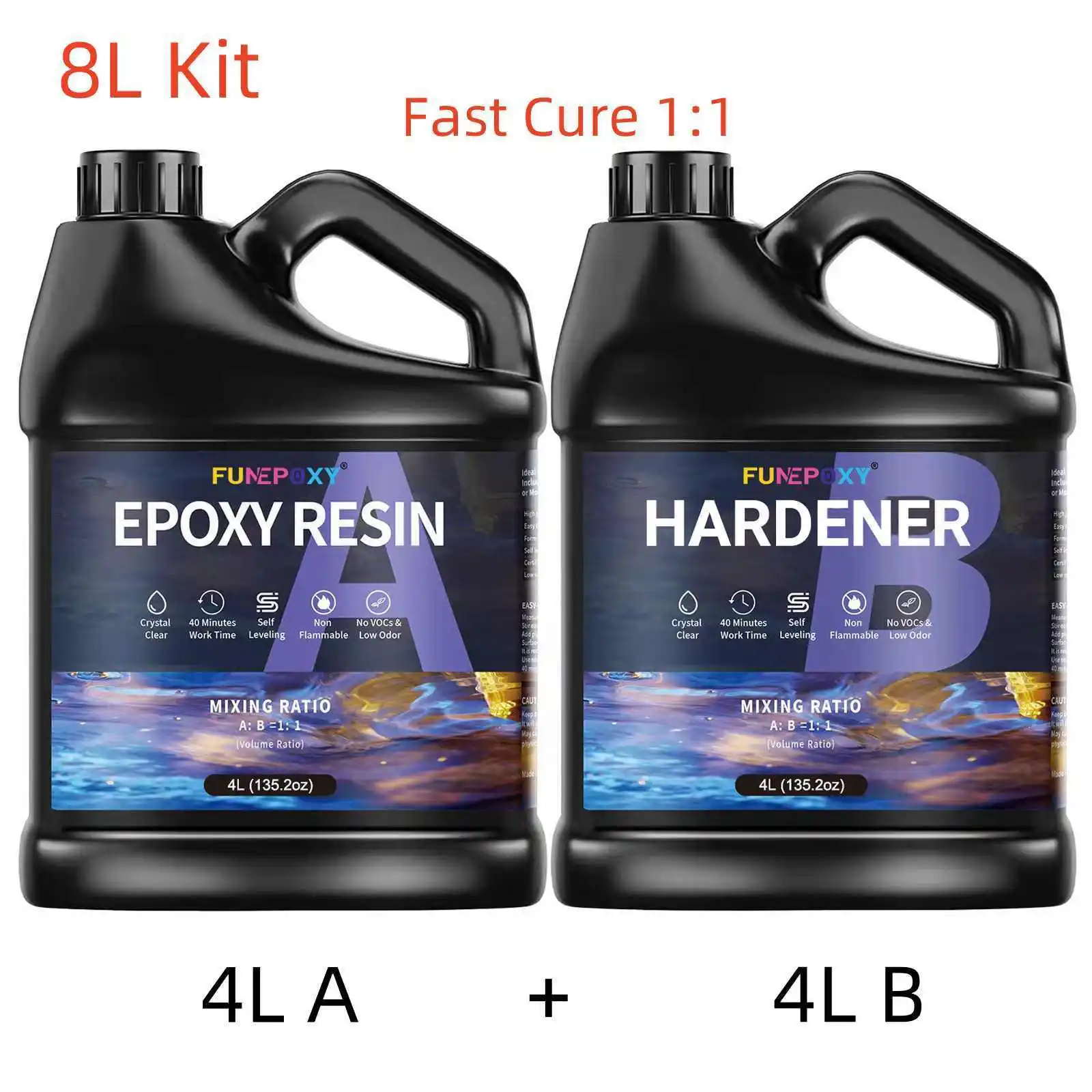 Transparante Epoxyhars AB Lijm - 8L Set (4L A + 4L B) - 1:1 Verhouding op Volume, Hoogglans voor DIY Kunst, Riviertafel, Sieraden maken, Gietwerk
