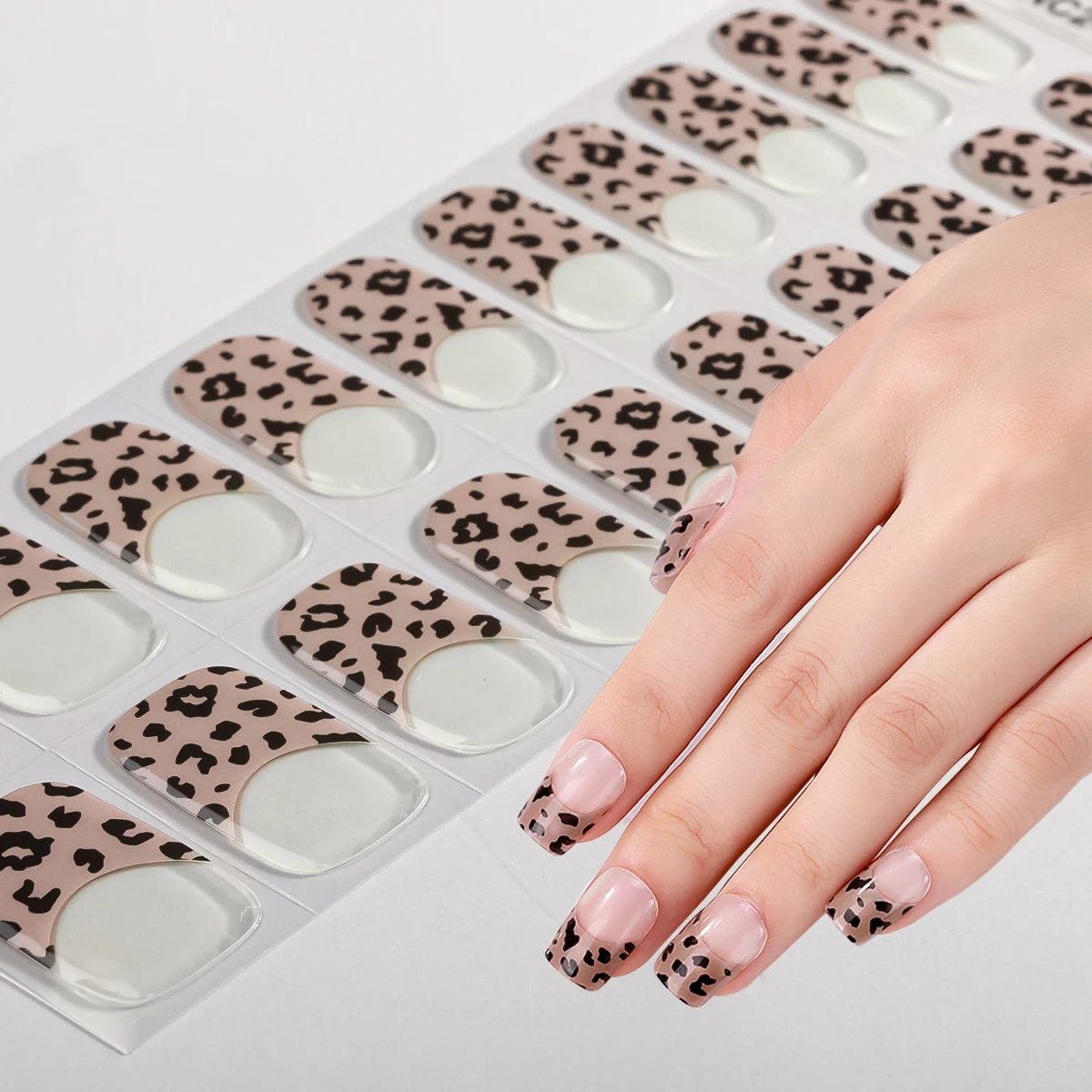 20 Tips Franse Semi-Geharde Gel Nagelstrips Luipaard Slang Patroon Gel Polish Stickers DIY Volledige Dekking Langdurige UV Gel Nail Wraps