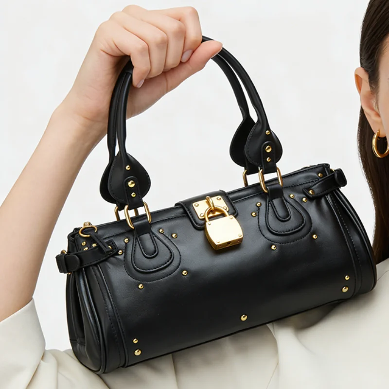 

Роскошная кожаная сумка через плечо для женщин с золотым замком и декоративными заклепками, вместительная цилиндрическая сумка-тоут в ретро-стиле для повседневного использования и вечеринок