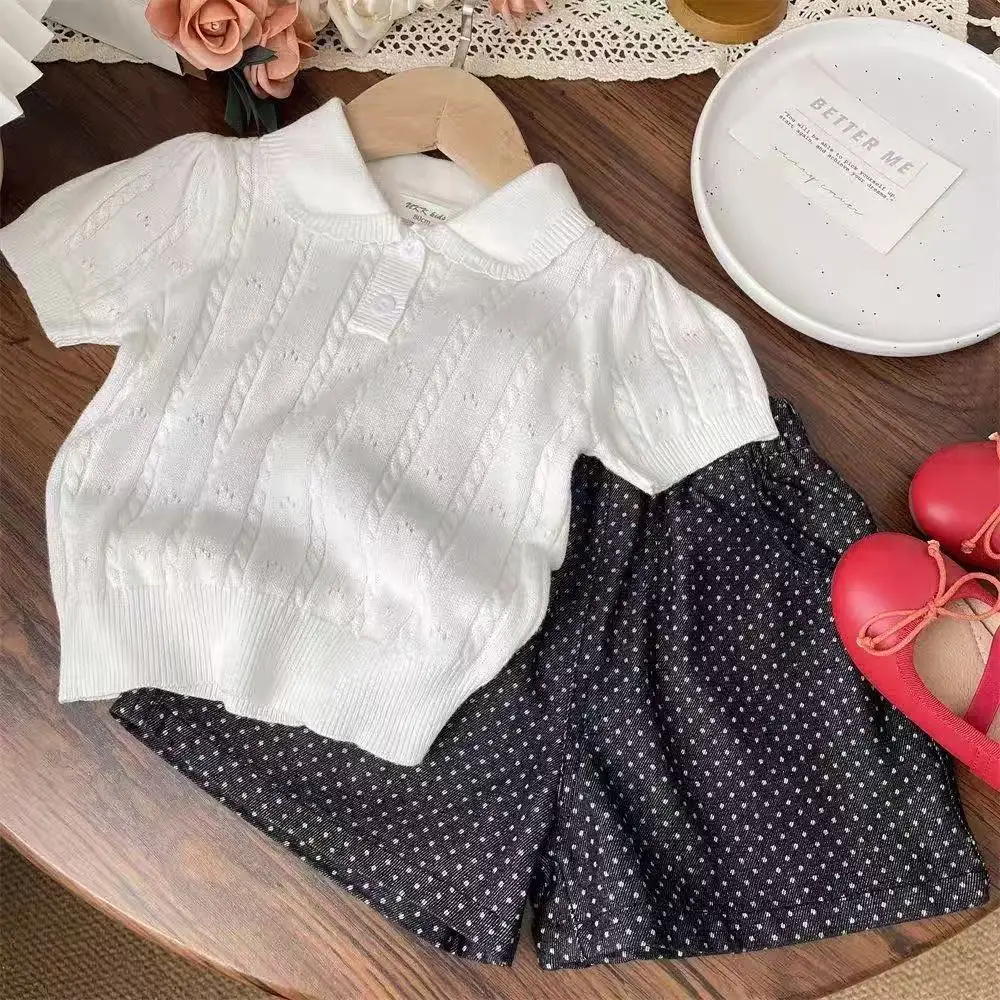 

Girls Lace Knitted Short Sleeve Top Summer New Style Children Doll Collar T-Shirt Cute Feminine Fashion for Little Girls100-150c