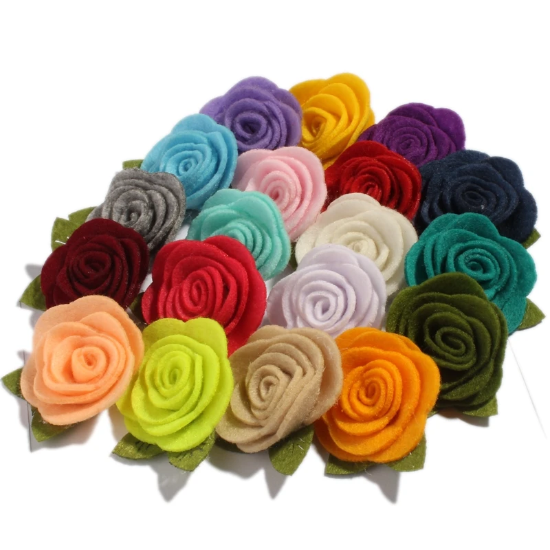 

50pcs/lot 19colors Nonwovens Fabric Flowers with leaves For Kids Hair Accessories Cute Rolled Rose Hair Flowers for Hair Clips