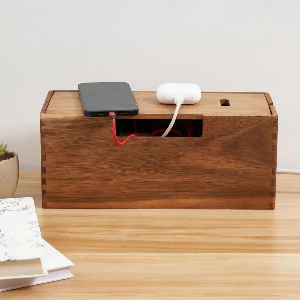 Rustic Wooden Cable Organizer Box Desktop Wire Management Holder Storage Case For Headphones Charging Cables Desk Tidy