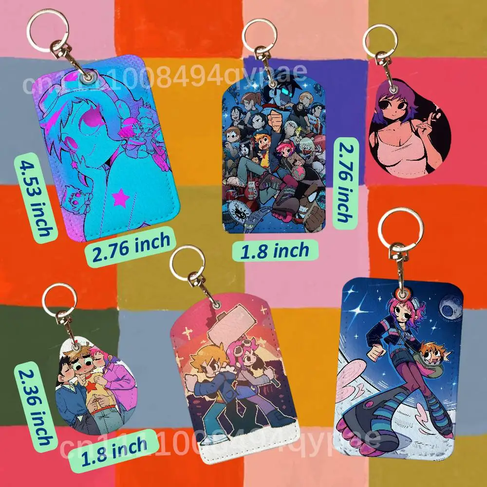 S-Scott Pilgrim 1PCS Leather Card Holder Keychain Door Lock Access Tags ID Card Case Access Card Bag Key Tag Ring
