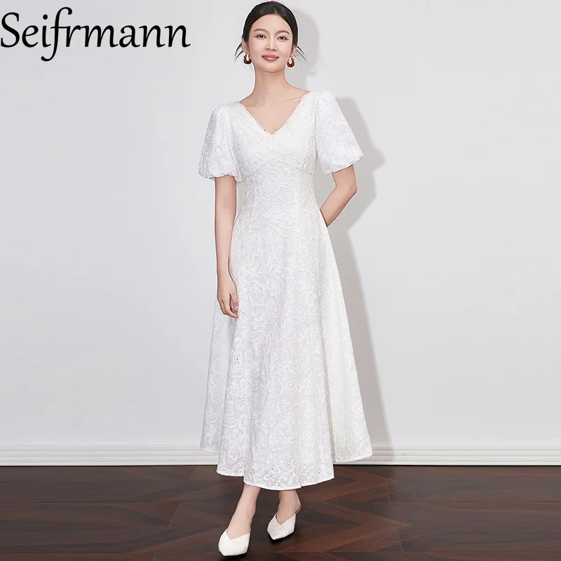 

Seifrmann Solid Puff-Sleeved Summer Dress For Women V-Neck Lace Hollow Out High waist Cotton Elegant Dresses