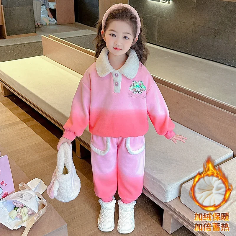 Sanrio Winter Kulomi Cute Warm Children's Two-piece Set Melody Cartoon Fleece Cold Lapel Long Sleeve Top Casual Pants Set