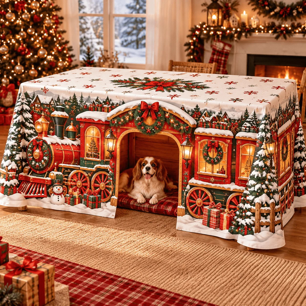 1 tablecloth, Christmas train hut theme polyester tablecloth, creative door hollow design holiday decorative tablecloth