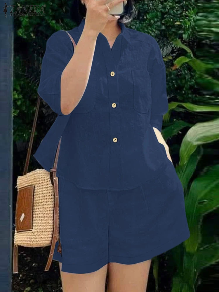 ZANZEA-Conjunto de 2 piezas de verano para mujer, camisas informales con cuello de manga 3/4, pantalones cortos de cintura elástica, trajes de 2 uds, conjuntos cortos sólidos para todos los días