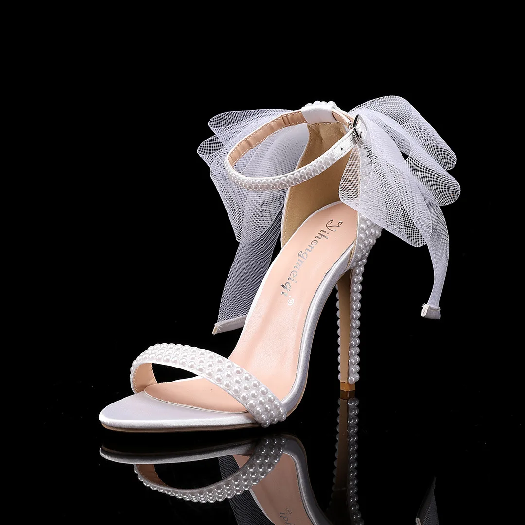 New, Fish Mouth High Heels Thick Heel Shallow Mouth Rhinestone, Pearl Women's Single Shoes Wedding Dress Bride