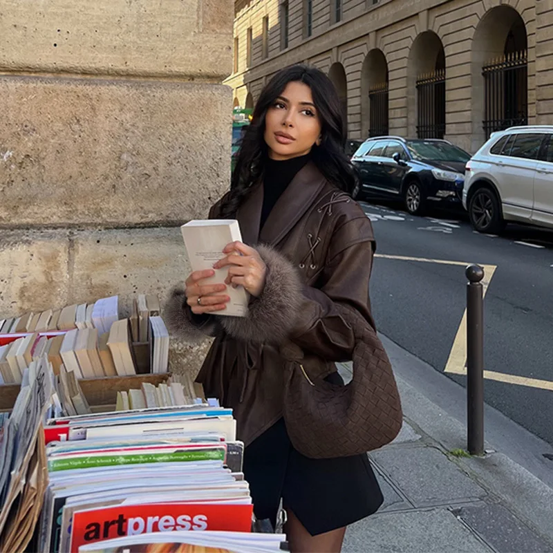 Lace Up Women's Jacket Lapel Long Sleeve Furry Cuffs Short Leather Coat Autumn Winter Outwear 2025 New Fashion Lady Jackets