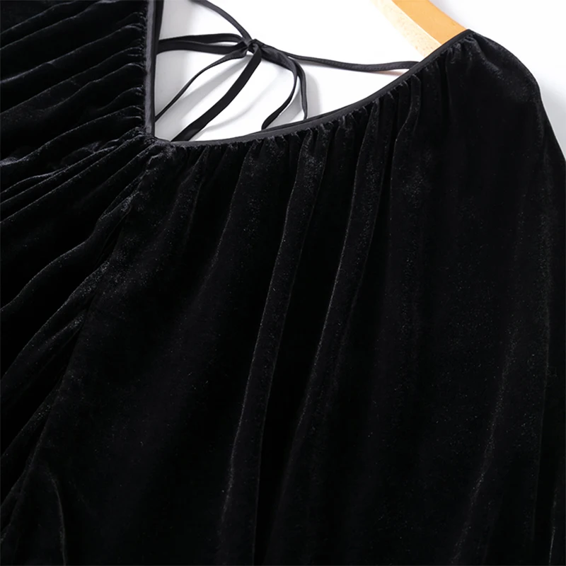 Women Silk Velvet Midi Dress 100% Mulberry Silk Lining Black Color V Neck Comfortable Lantern Sleeve A-line Long Dress M1015