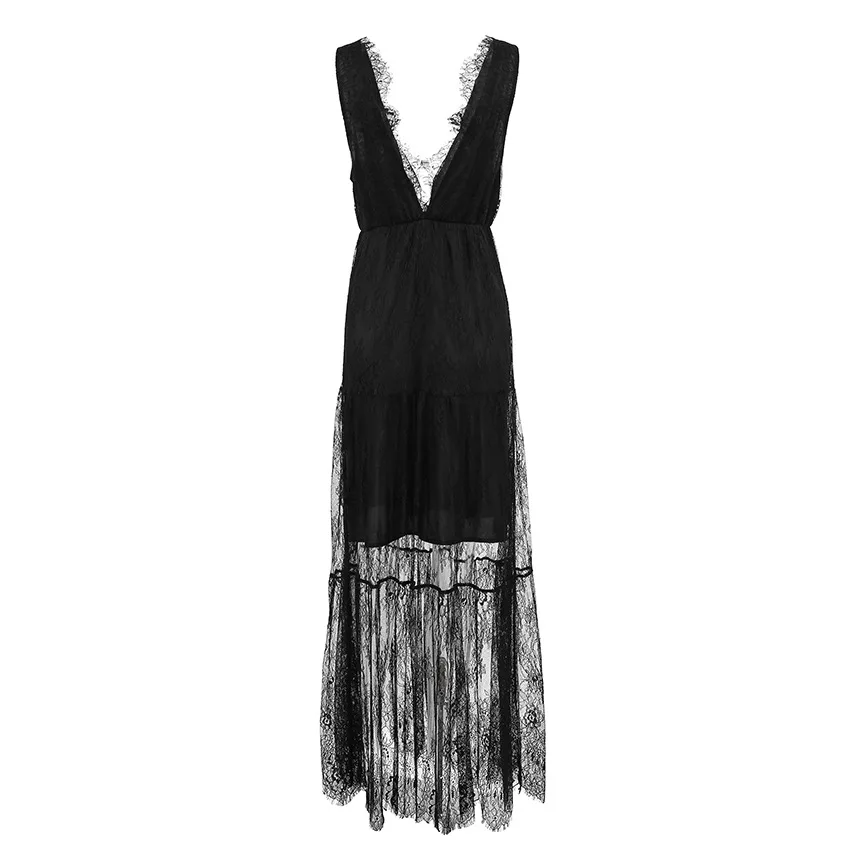 

Black Lace Dress Summer Fashion Ins Backless Waist Cinched V-Neck Women's Clothing