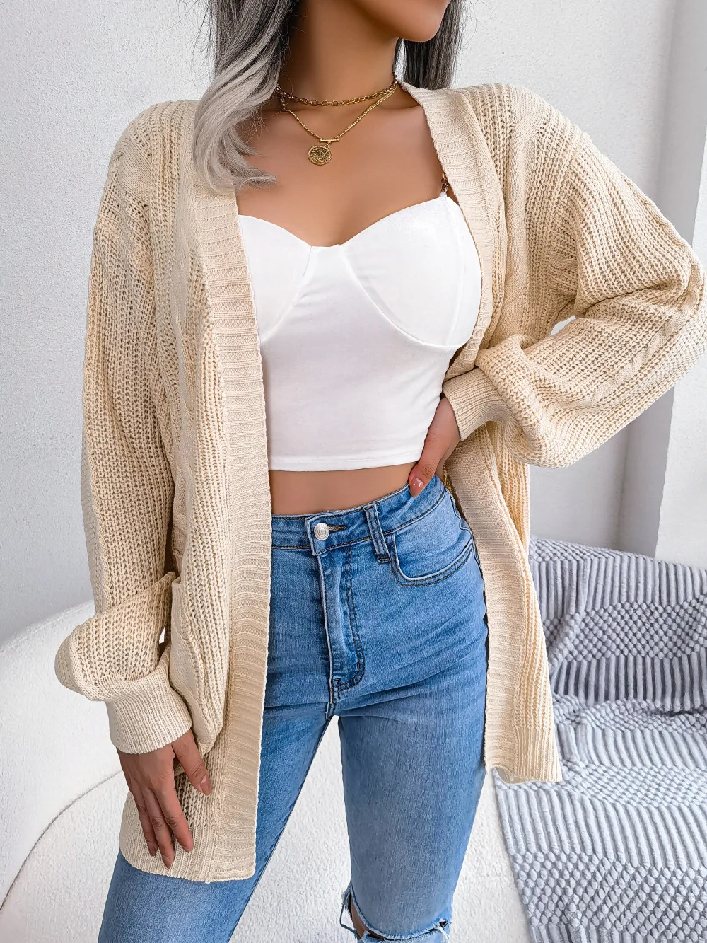 2025 Otoño Invierno mujer suéter Tops suéteres mujer linterna manga Casual bolsillo cárdigan suéter chaqueta