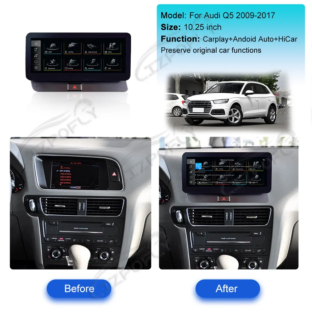 High Configuration 1920*720 Wireless CarPlay 10.25 Inch Linux Multimedia Display Screen For Audi Q5 2009-2017 Android Car Radio