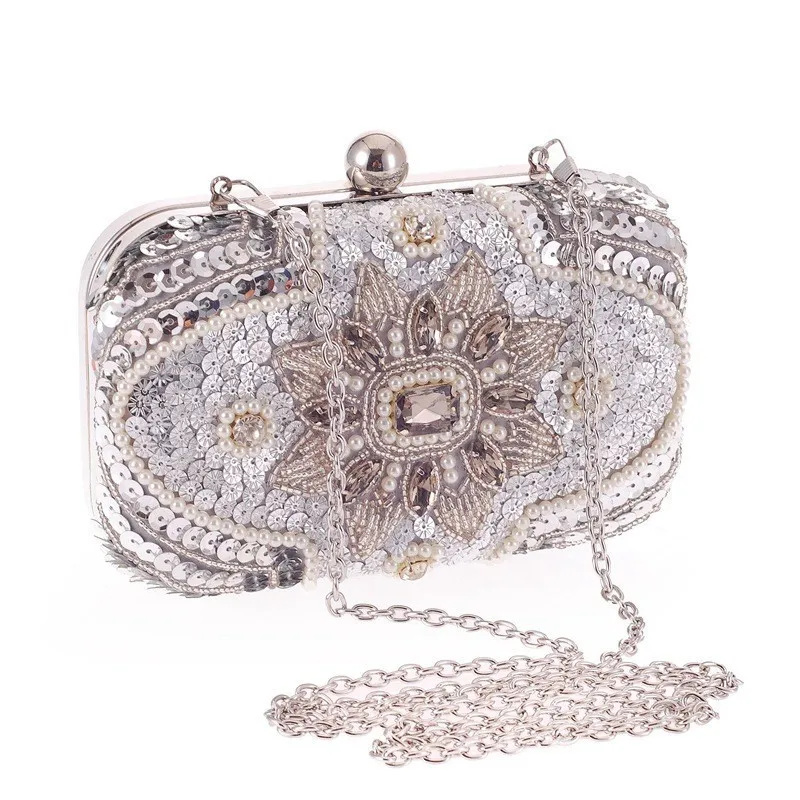 

Gorgeous，fashion and shiny mini handmake diamond-studded rhinestones beaded flower pattern hand party wedding evening clutch bag