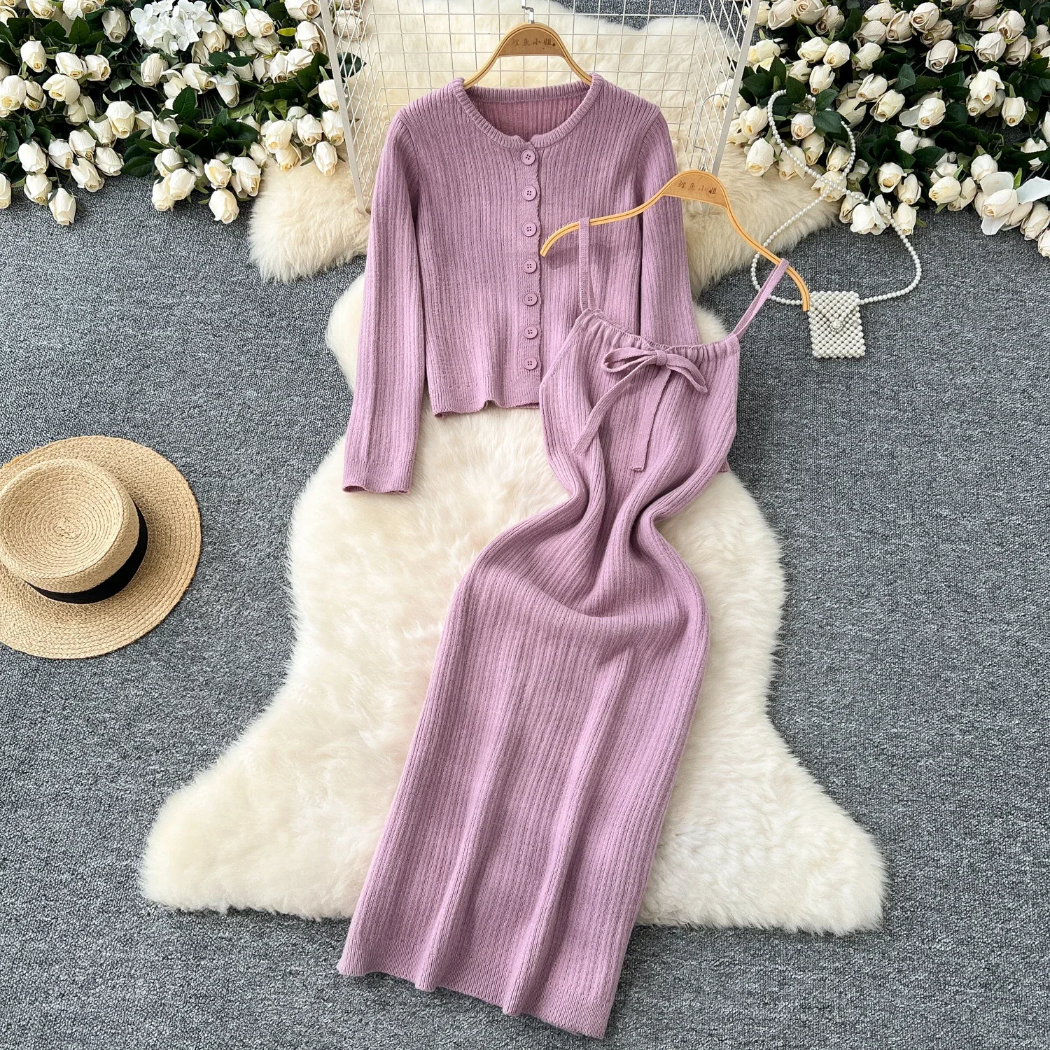 Chic Two-piece Sets Sexy Knit Straps Slim Elegant Dress and Single Breasted Coat High Street Women Office Lady Casual Clothing