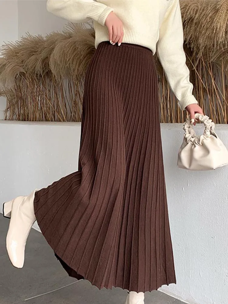 Long Knitted Skirt Women Autumn Winter Warm Skirts Female Korean Fashion Pleated Skirt Ladies Elegant Chic High Waist Maxi Skirt