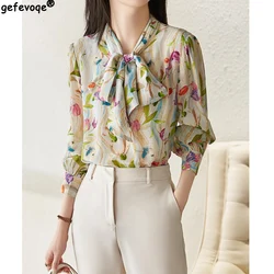 Temperament Fashion Print Blouses Spring Autumn New Bow Neck Long Sleeve Loose Shirts Comfortable Korean Style Women Clothing