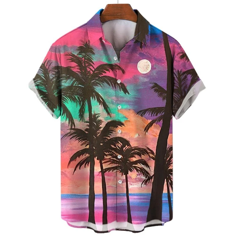 Hawaiian Men's Shirt Summer Lapel Button Shirt Loose Casual Short Sleeve 3D Printed Palm Tree Graphic Top Oversized Men Clothing