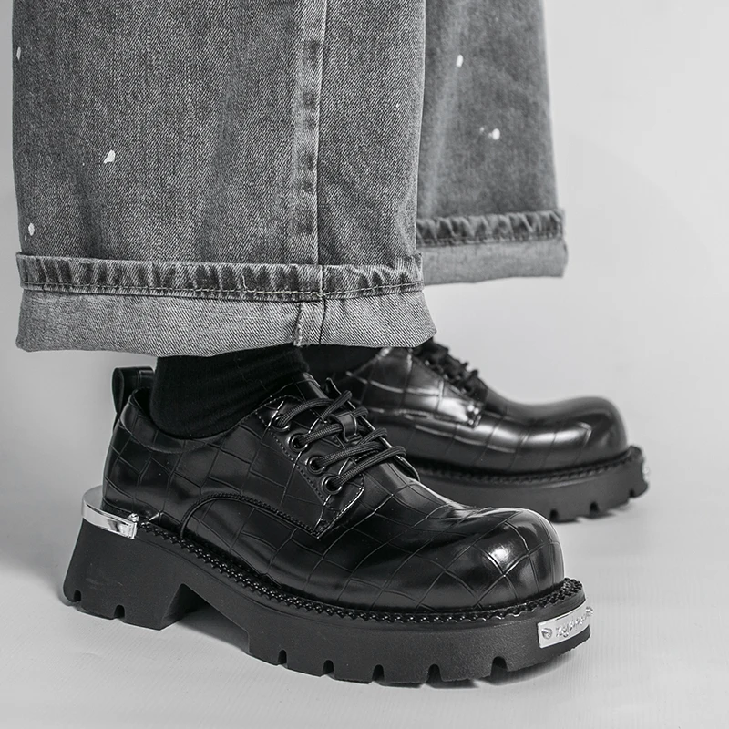 

Fashionable Spring Men's Round Toe Lace Up High Rise Leather Shoes Brand Comfortable Big Head Polished Thick Soled Leather Shoes