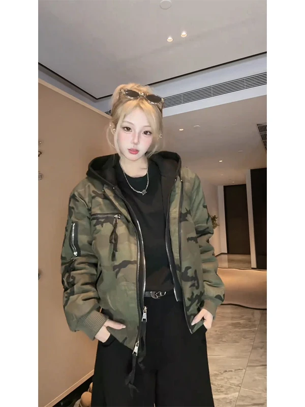 

American High Street Camouflage Thiened Warm Hoodie Jaet Stand Version Youth ular Casual Winter Cotton Jaet
