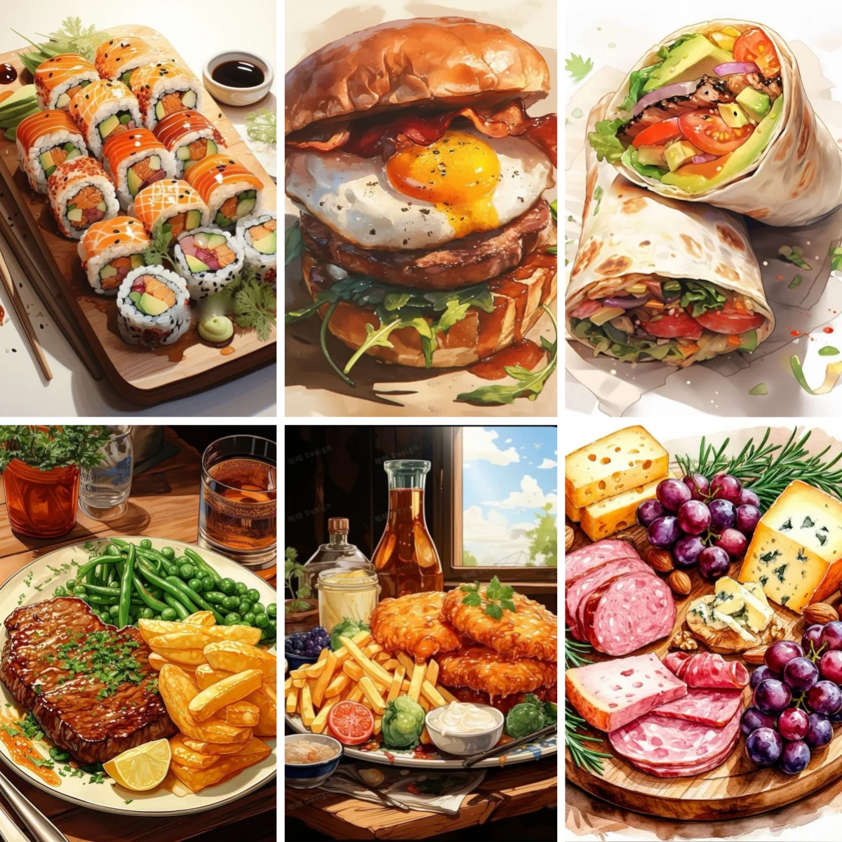 

DIY 5D Diamond Painting Delicious Things Sushi Burgers Pizza Steak Bread Full Resin Mosaic Diamond Embroidery Decor Art Gift