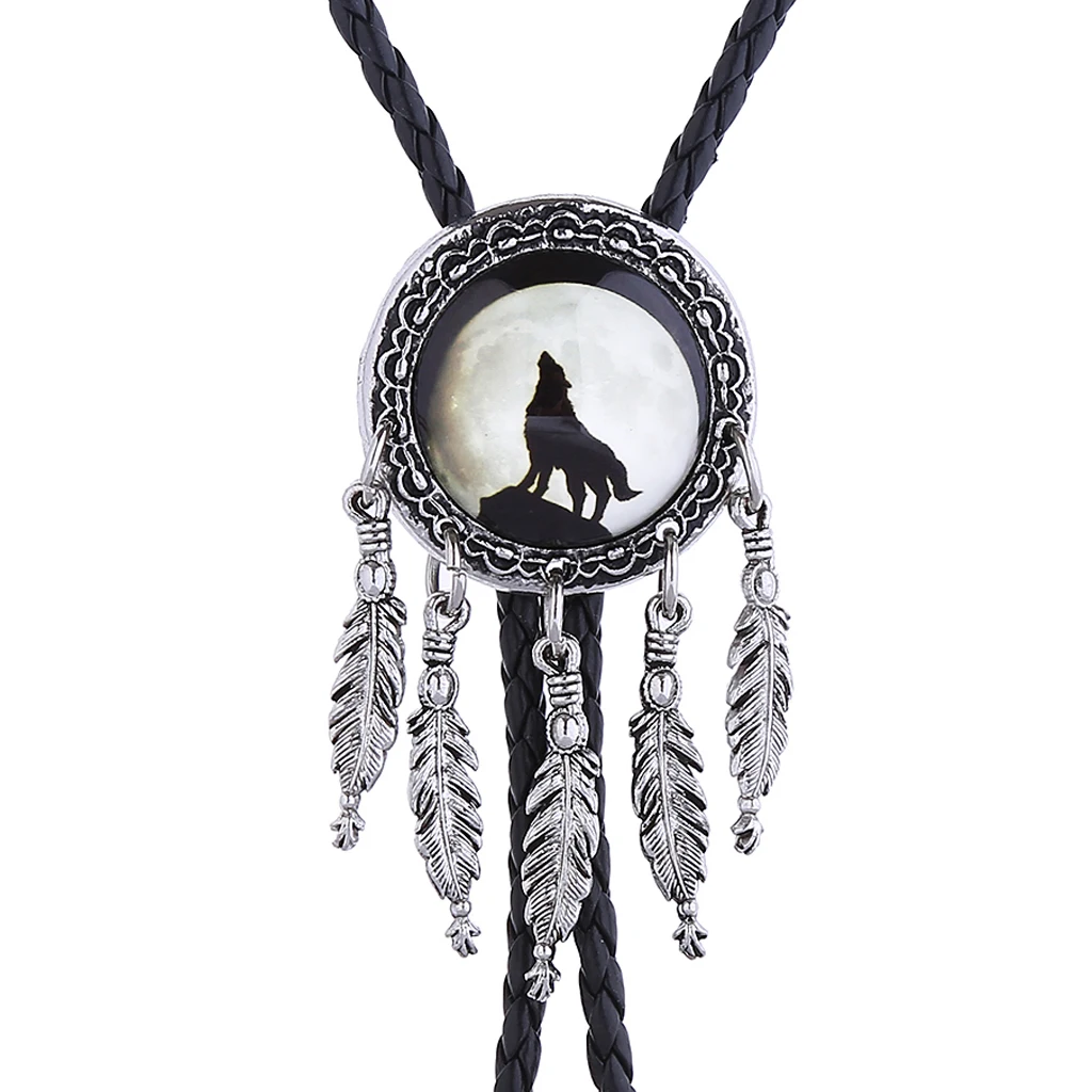 

Western wolf head feather Bolo tie