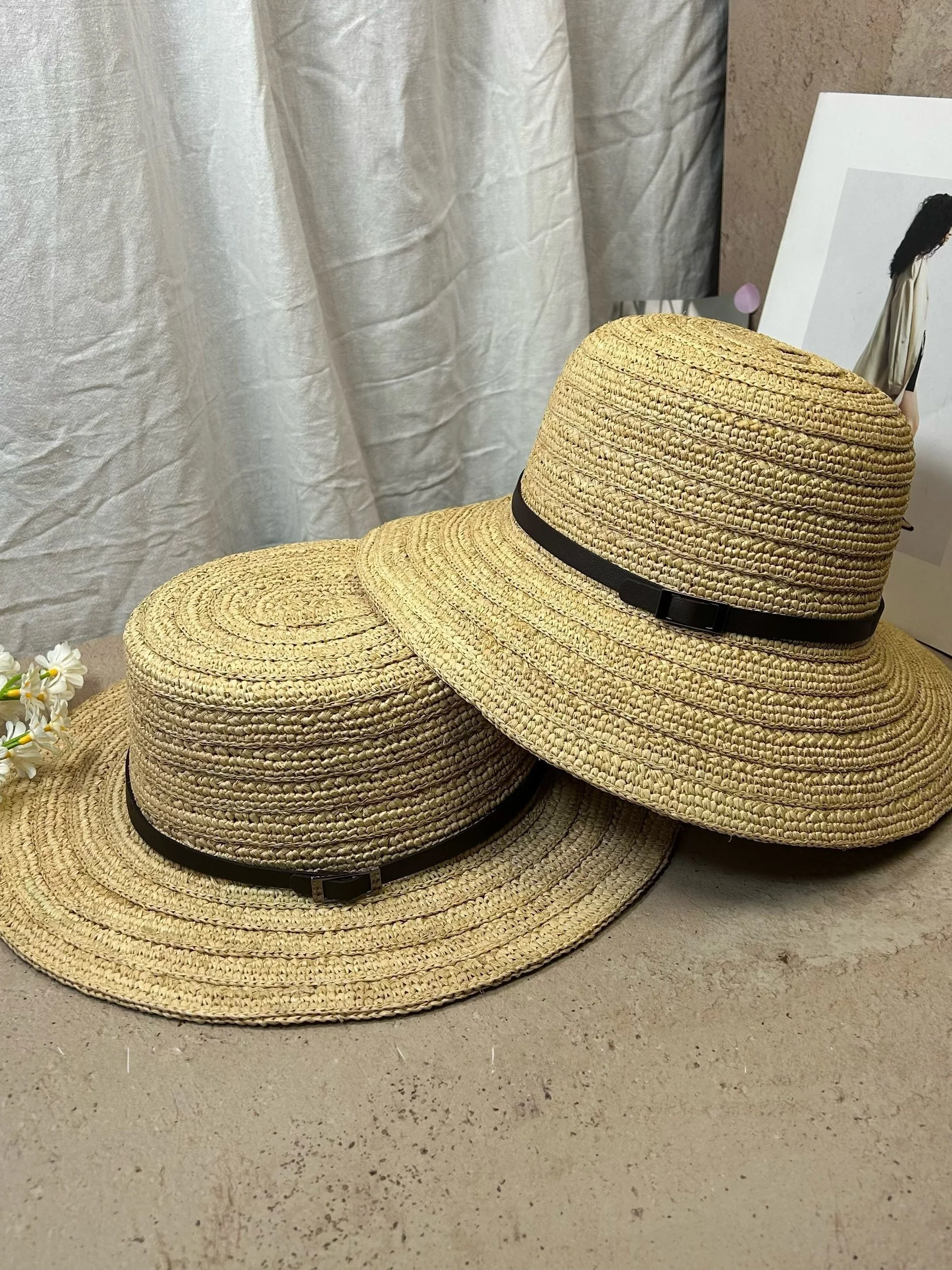 handmade-straw-hat-summer-new-style-women's-sun-protection-fisherman-cap-flat-top-belt-decorated-casual-breathable-large-brim