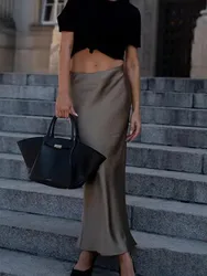 HH 2024 Y2K Casual Women Long Skirt Spring Elastic High Waisted A-Line Casual Female Satin Skirts High Street Lady Skirts