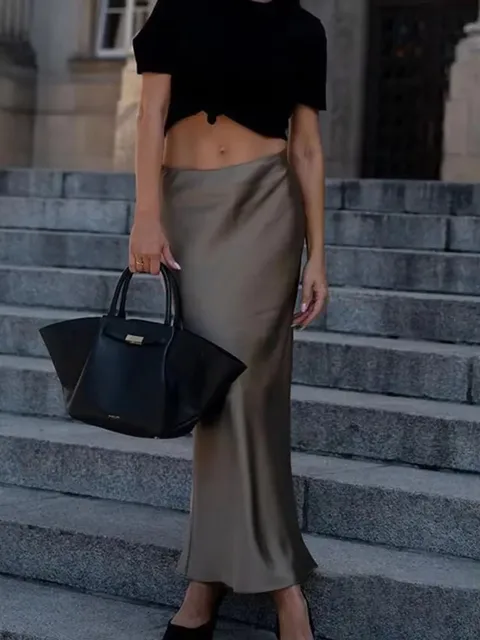 HH 2024 Y2K Casual Damska Długa Spódnica Wiosenna Elastyczna z Wysokim Stanem w Kształcie Litery A Casualowa Satynowa Spódnica Damska Spódnice w Stylu High Street