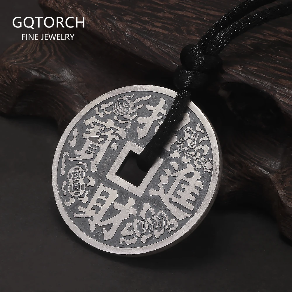 

Ожерелье с подвеской в виде монеты из чистого серебра 99, старинный талисман на удачу, ожерелье с гравировкой рыбы, двусторонняя черная веревка, ювелирные изделия фэншуй