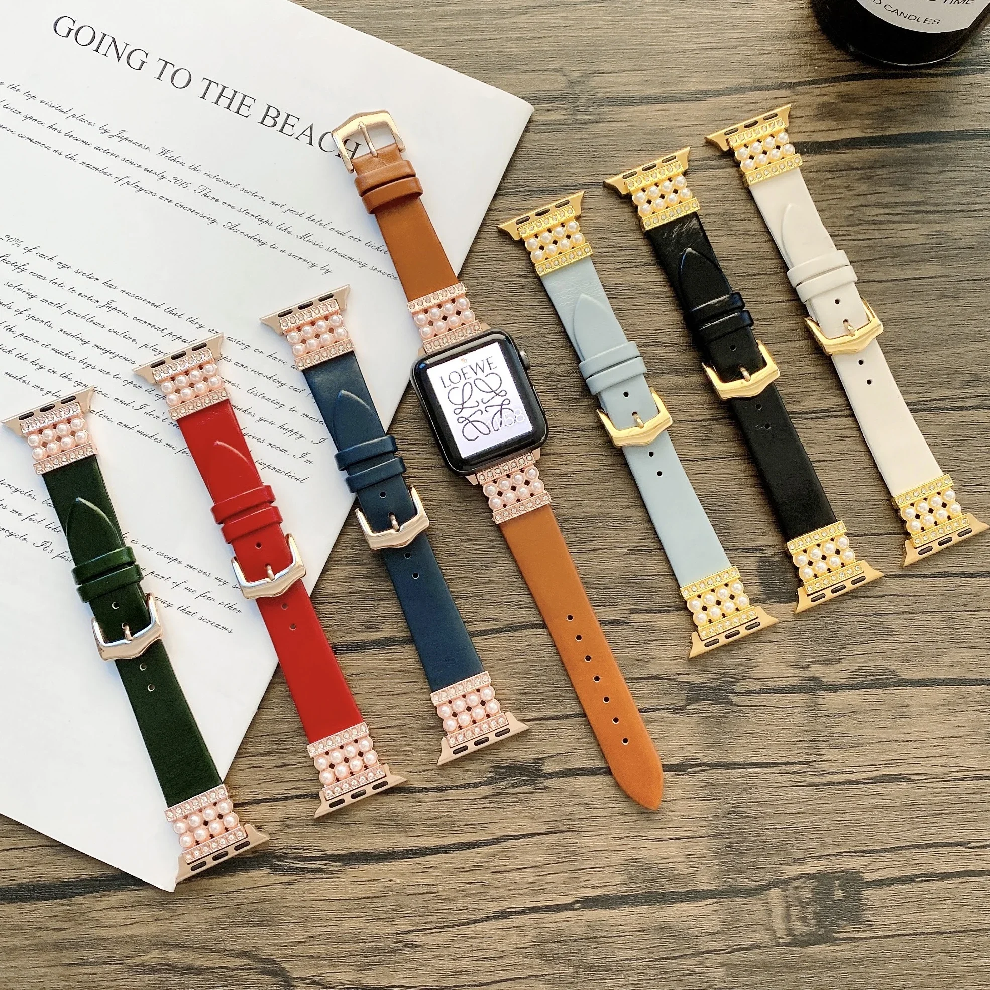 Leather+Jewelry Strap For Apple watch band 45mm 41mm 44mm 42mm 40mm 46mm bracelet metal wristband iwatch Ultra 10 9 8 7 6 5 4 SE