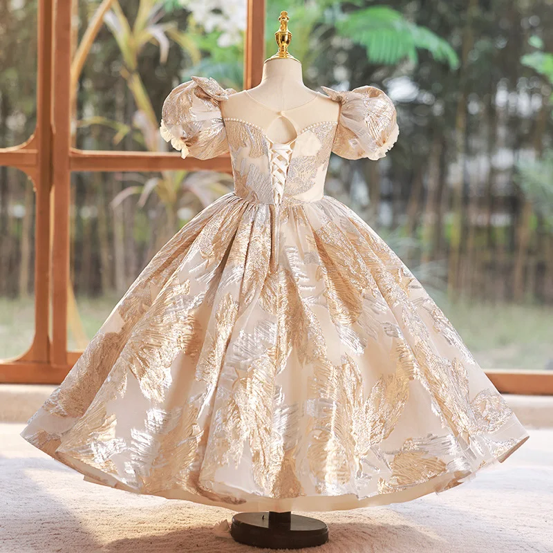 2024 Luxury Bubble Sleeves Girls Dress Fashion Round Neck Princess Dresses Holiday Party Children\'s Vestidos Ball Gown for Girl