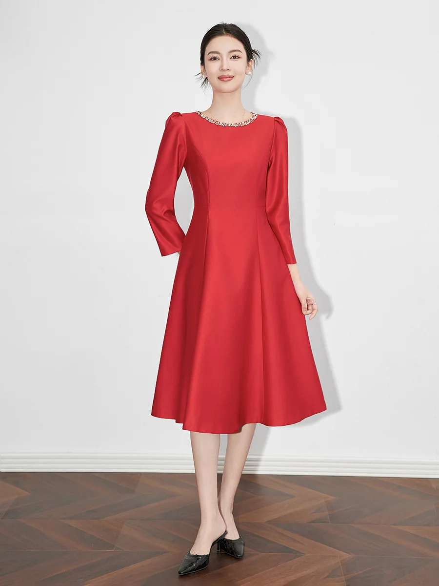 Luksusowe sukienka midi z okrągłym dekoltem wiosenne damskie z długimi rękawami luźne sukienki letnie z wysokim stanem sukienka do kolan na zamek